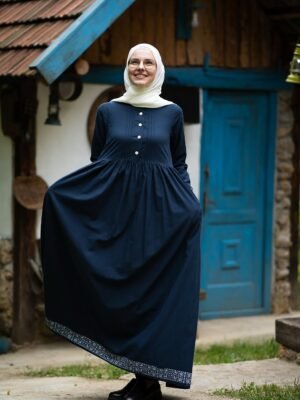 Tamno plava lanena haljina sa print detaljima